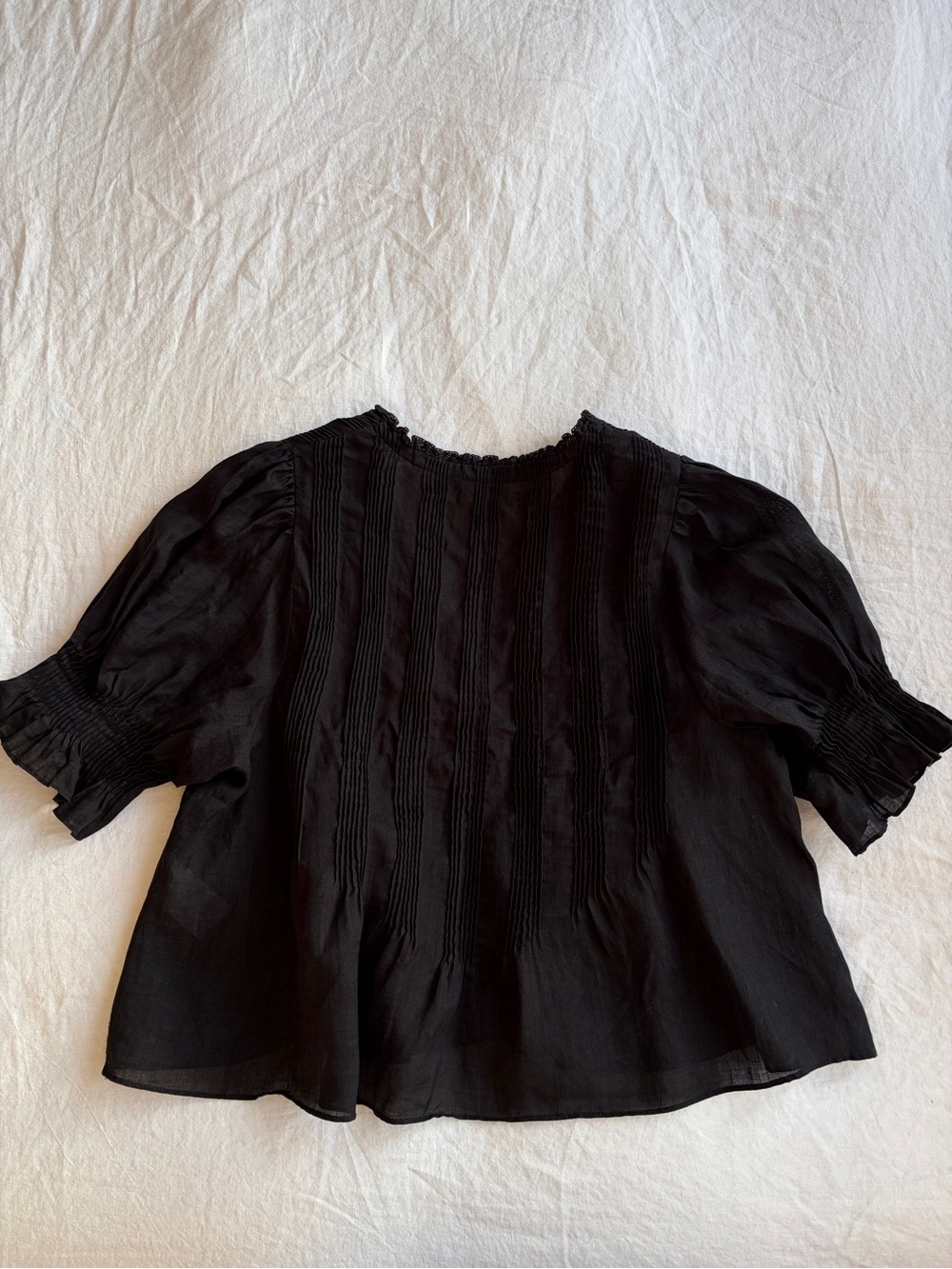 Doen Karlie Ramie Ruffle Pintuck Short Puff Sleeve Shoulder Blouse Top Black - Picture 7 of 11